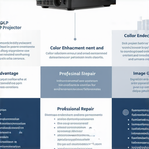 DLP投影機技術原理示意圖，展示其優缺點與專業修復服務，解釋色彩提升與影像清晰度，適合參考了解投影機運作及維修方法。