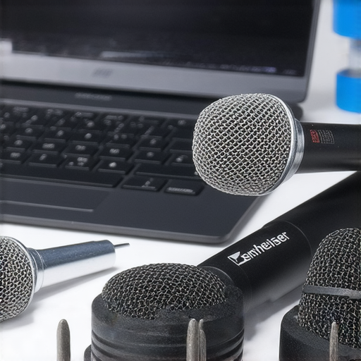 Sennheiser麥克風的專業維修服務展示，技術人員檢查設備，透過專業工具確保音效品質，突出Sennheiser品牌潛力，提醒用戶尋求專業維修。