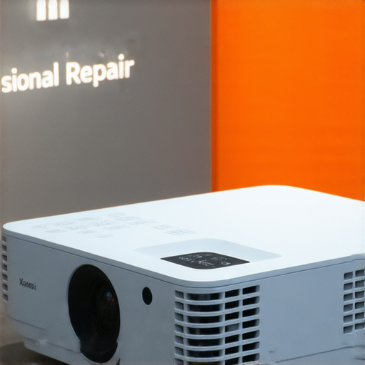 小米便攜式投影機展示其設計與功能，背景是專業維修服務的告示牌，強調無限可能與維修支持，吸引消費者了解投影機使用與維護。