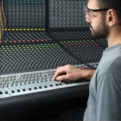 音響維修師傅在專業工作坊內示範音響問題解決技巧，周圍工具與設備一應俱全，強調提供專業音響維修服務，讓顧客輕鬆解決音響故障。