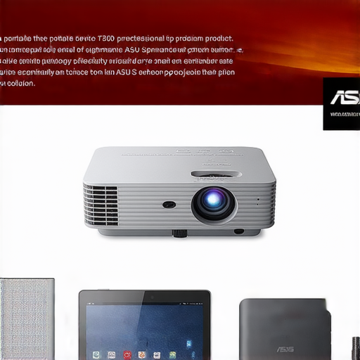 便攜式投影機T300與ASUS品牌產品並排展示，突顯其出色性能，背景中有專業維修服務的標誌，強調高品質修理選擇和便攜式投影技術。