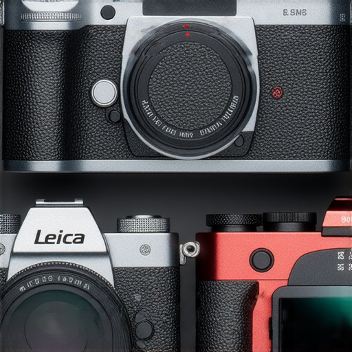 Leica與Fujifilm相機特寫，展示50MP解析度與不同鏡頭mm的細節，吸引攝影愛好者探索性能與魅力，並推廣專業維修服務。