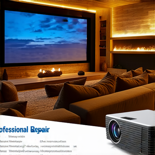 家用投影機推薦，展示家庭影院佈置，專業維修服務標誌，輕鬆打造舒適觀影環境，提供無憂使用體驗，適合家庭娛樂與聚會的理想選擇。