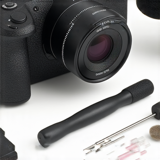 全片幅無反相機特寫，展現其精緻設計及高性能，圖片中包括相機配件和專業維修工具，完美呈現無反相機的魅力與專業維修服務，探索無反相機的世界。