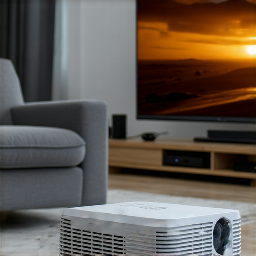 家用迷你投影機與4K電視搭配的圖片，展示極致視覺體驗，強調高畫質和專業維修服務，適合家庭娛樂使用，讓你輕鬆享受電影和遊戲。