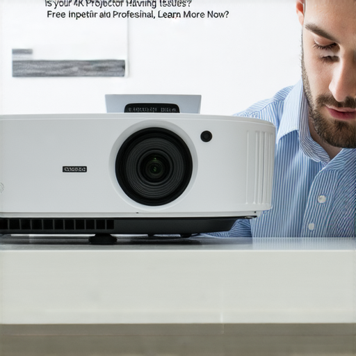 4K投影機故障檢測與維修服務的廣告圖片，展示專業技術人員檢查投影機，標題為「你的4K投影機出問題了嗎？免費檢測與專業維修，立即了解！」強調免費檢測及專業維修。