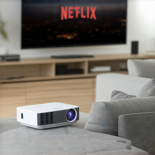 使用投影機欣賞Netflix的場景，舒適的家居環境中，投影出的畫面生動精彩，展示高品質的觀影體驗，並突顯我們的維修專業服務。