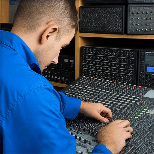 音響故障維修服務的專業技術人員正在檢查音響設備，幫助客戶重現音樂靈魂，提升音效品質，讓每一音符都鮮明動聽。