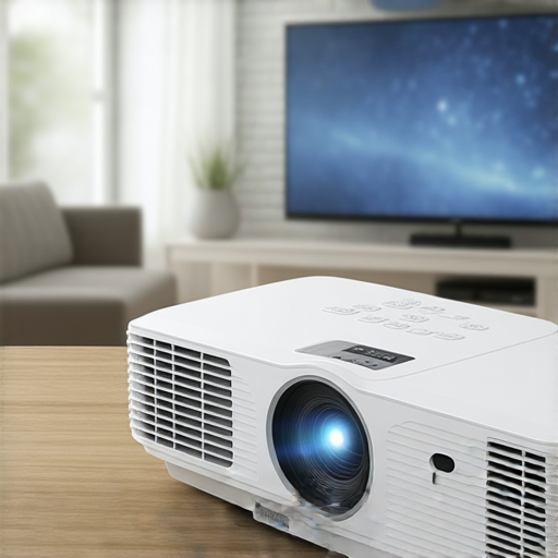 圖示為一台現代家用投影機，搭配專業維修服務的宣傳，產品適合家庭電影夜，圖中展示清晰的圖像效果，讓使用者無憂享受家庭娛樂。