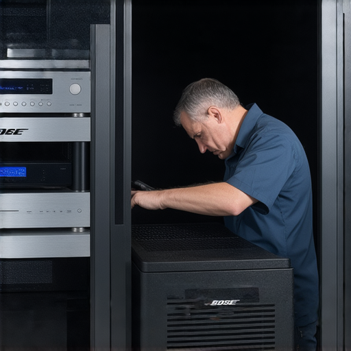 探索Bose音響的極致魅力，專業維修服務提升音質，圖片展示技術人員檢查Bose音響設備，精細維修過程中，強調音效升級的重要性，吸引音響愛好者了解服務內容。