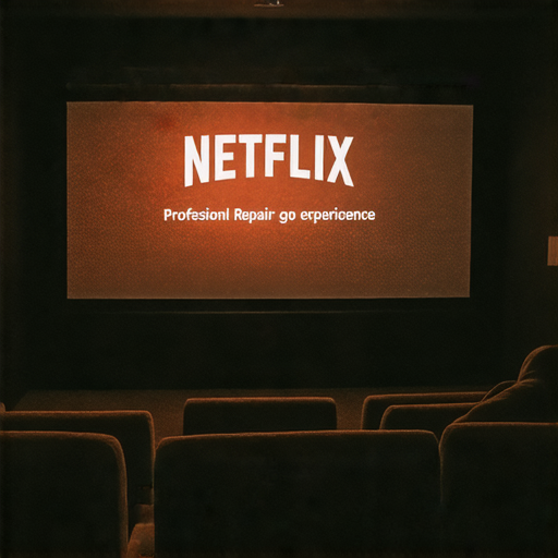 投影機顯示不佳的家庭影院場景，背景為家庭娛樂空間，專業維修服務標誌明顯。強調提升Netflix觀影體驗的必要性。