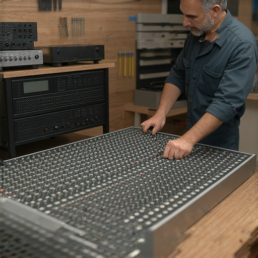 音響修復服務展示，專業技術人員正在檢查音響設備，強調維修所需費用低於預期，邀請顧客了解高品質修復方案。