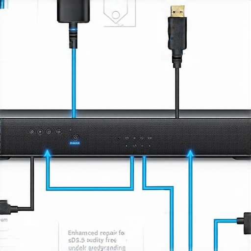電視Soundbar連接示意圖，展示如何正確接線以提升音質，並強調專業維修服務，確保用戶享受高品質音樂的無憂體驗。