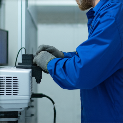 超短焦投影機維修服務場景，專業技師正在調整設備，確保影像清晰可見，強調技術專業與客戶滿意，讓模糊影像重現清晰視界。