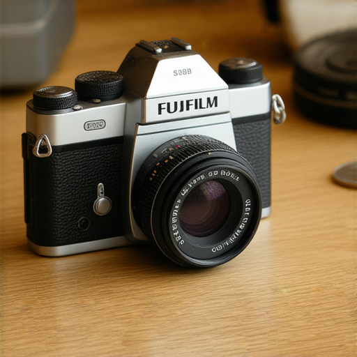 FUJIFILM復古相機展示，專業維修技術人員正在檢查機身，恢復相機功能與外觀，強調專業維修服務讓你的相機重焕新生，展現其獨特魅力與質感。