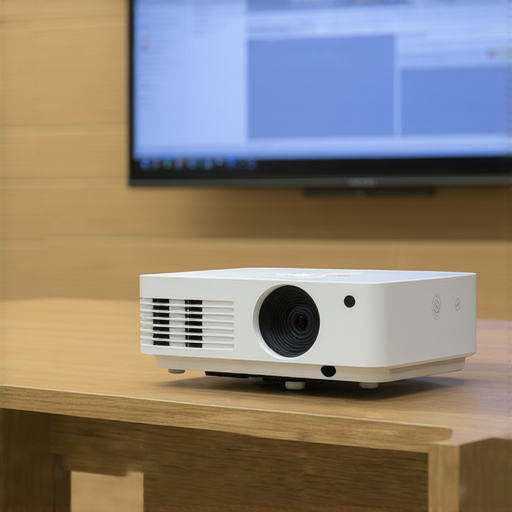 小型投影機的最佳選擇，展示出清晰的商用應用場景，並強調專業維修服務的重要性，提升視覺體驗，適合商務會議和活動使用。