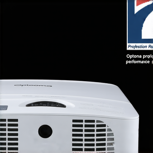 Optoma投影機展示圖，突顯其卓越性能與設計，背景有專業維修服務標誌，強調不再擔心投影性能的解決方案，適合會議和家庭娛樂使用。