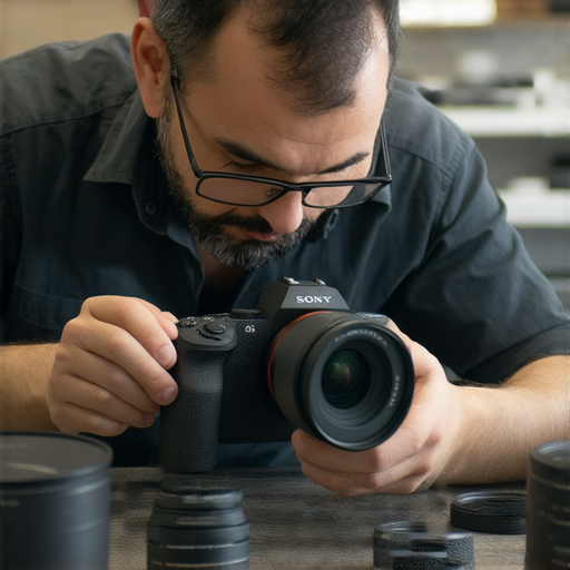 Sony E Mount鏡頭維修專家在工作坊中檢查鏡頭，提供保養技巧和維修建議，展示如何延續鏡頭生命，搭配工具和零件，背景為攝影器材。