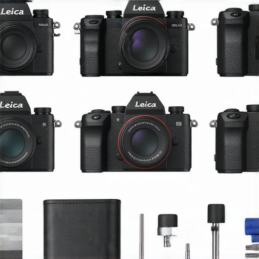 解鎖Leica魔力的相機維修秘訣，展示六款不同Leica相機的維修工具與零件，提升拍攝技術，讓攝影愛好者立即受益，背景清晰明亮。