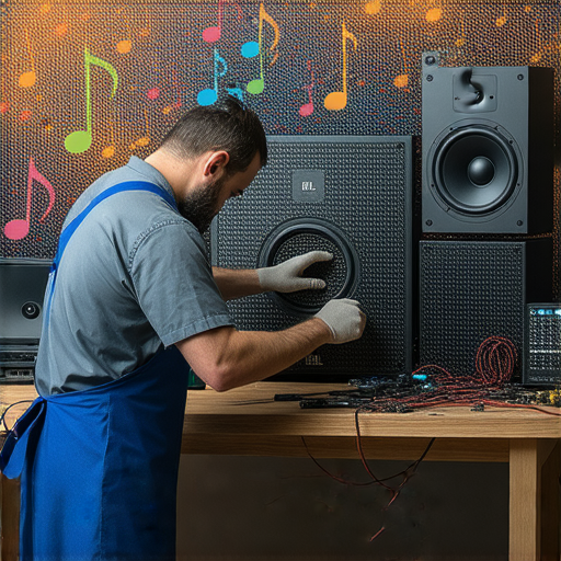 發現JBL音響潛能的維修專業服務，幫助你重拾完美音質和音樂魅力，展示技術人員專注維修音響的瞬間，讓音樂再次充滿生活。