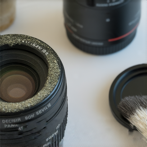 發霉的相機鏡頭放在專業維修台上，技術人員正在檢查和清潔鏡頭，展示我們的專業維修服務，幫助攝影愛好者恢復影像品質。