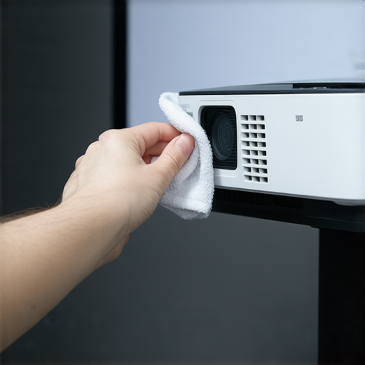 投影機畫面模糊的特寫圖，展示如何清潔投影鏡頭和調整焦距，以提升觀影體驗和解決畫面不清晰的問題。