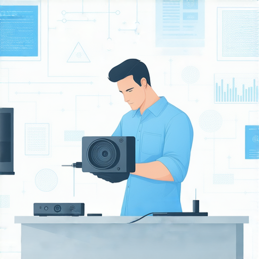 專業維修服務圖示，展示音響、投影機及相機修復過程，手持工具的技術人員專注於設備，確保音影設備恢復如新，解決影音問題的專業形象。