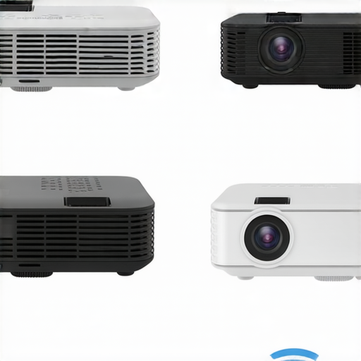 迷你投影機2024新科技展示，包含不同款式的迷你投影機產品，突出其特點與設計，並展示專業維修服務的場景，提供最佳選擇資訊，吸引消費者注意。