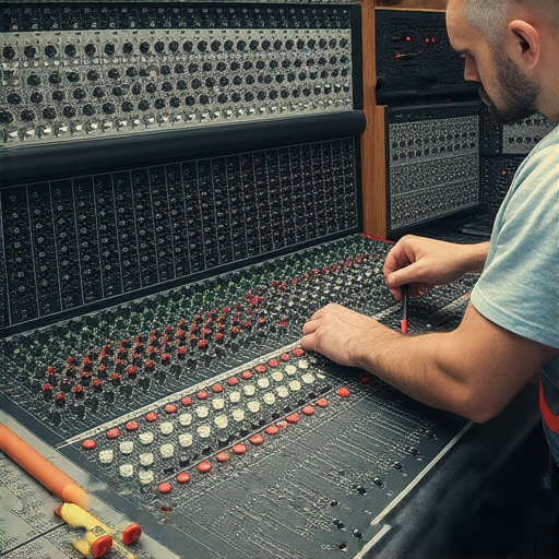 音響拖板故障檢查與維修過程，顯示音質恢復的最佳秘訣，專業技師使用工具修理音響設備，讓聽眾感受震撼音效。