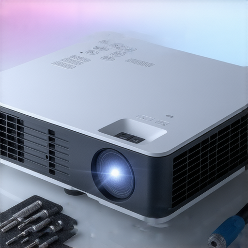 4K短焦投影機的特寫圖，展示清晰的畫質與投影功能，並搭配維修工具，象徵我們的專業維修服務，助您保持最佳觀影體驗。