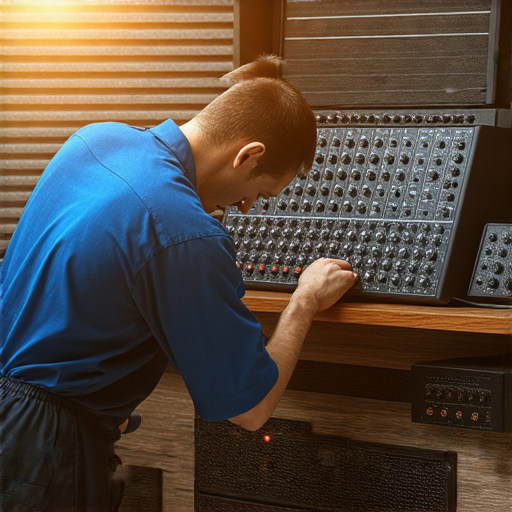 音響維修服務展示圖，顯示專業技術人員檢查音響設備，檔案上有音響維修價格信息，彰顯專業服務能夠重拾您心愛的音質。