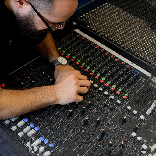 專業音響接駁維修過程，技術人員正在調整音響設備，以達到完美音效。探索音響接駁技巧，提升聽覺享受，發現維修後的卓越表現。