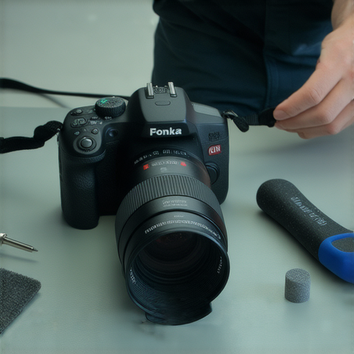 相機清潔服務專業人員正在清理相機鏡頭，背景展示維修工具，強調捕捉完美瞬間的重要性，適合對抗相機汙垢的解決方案。