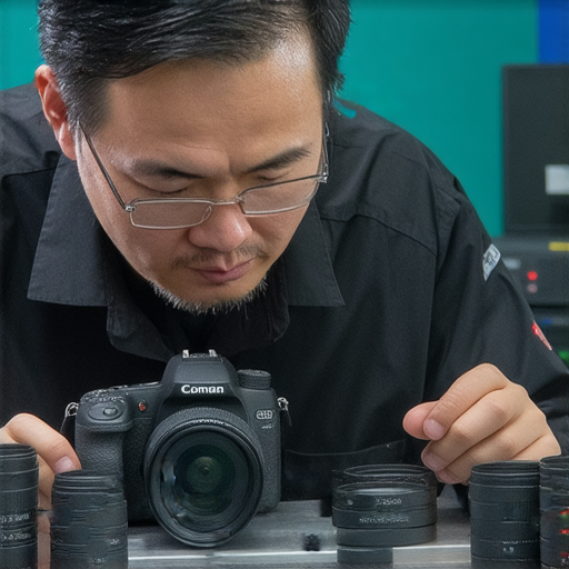 相機CCD故障維修過程，技師專注檢查CCD元件，背景有數位相機和維修工具，展示提升拍攝效果的關鍵秘訣，幫助用戶重新體驗清晰影像的驚艷感。