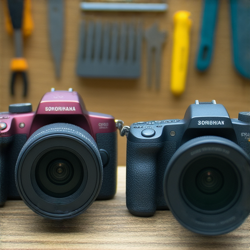 兒童相機與360相機並排展示，背景為維修專家的工作環境，強調兩種相機的性能和特點，顯示選擇的秘密和技巧，吸引家庭和攝影愛好者的注意。