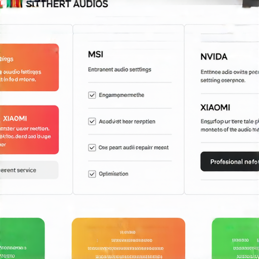 音效設定秘訣圖示，展示MSI、NVIDIA和小米最佳調整方法，圖中包含音效選項介面、使用者調整過程，以及專業維修服務信息，旨在提升使用者的聲音體驗。