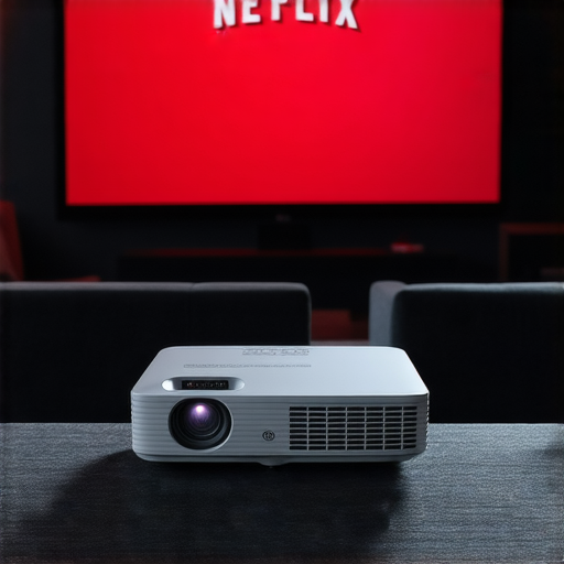 BenQ投影機展示畫面，輕鬆連接Netflix，享受高畫質影像，並附上專業維修服務的標誌，讓用戶能無憂享受家庭影院體驗。