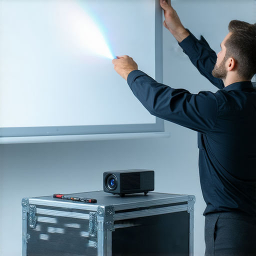 破解投影機幕之謎的專業人員正在調整投影設備，探索最佳投影效果並提供維修服務的畫面，展示技術與專業知識。