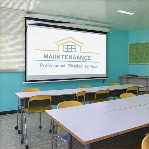 教室內使用的投影機，顯示清晰的教學內容，維修專業服務標誌，提升學習效果的環境，增強學生的參與感與互動性。