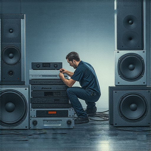 Bose Wave和Woofer維修專業服務的示意圖，展示技術人員正在檢查音響設備，強調音質重生的重要性，吸引顧客了解維修流程與效果。