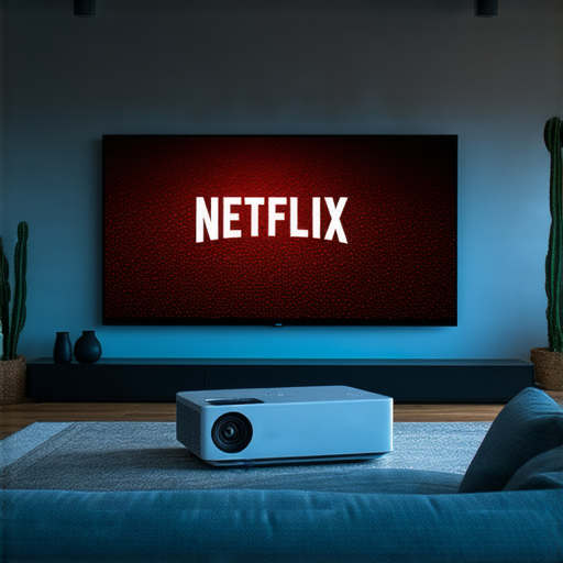 家用4K投影機在播放Netflix時的畫面展示，顯示出清晰的細節與色彩，帶來沉浸式的觀影體驗，並附有專業維修服務的標示。