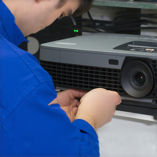 投影機維修服務專業技術人員正在檢查不亮的投影機，提供專業解決方案，讓您的視界重現精彩，提升觀影體驗，迅速恢復正常運作。