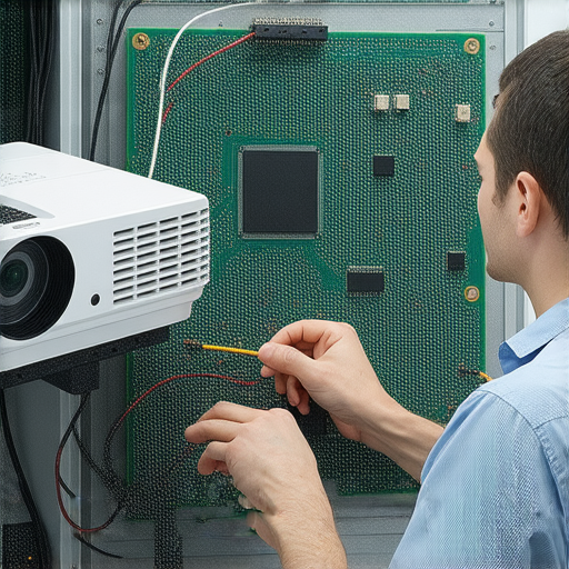 無線投影維修技巧，專業技師檢查投影設備，展示投影機主板與連接線，揭示無線投影的運作原理，幫助使用者解決故障問題，讓投影設備完美重生。
