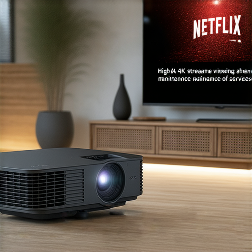 家用4K投影機與Netflix 4K結合，提供卓越觀看體驗的圖片，展示清晰畫質和生動色彩，並強調維修服務的便利性，提升家庭娛樂環境。