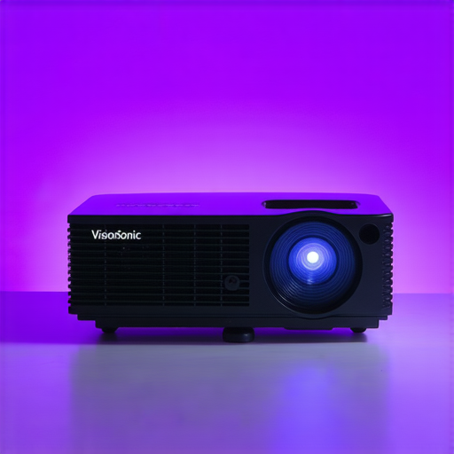 VisionSonic投影機展示圖，色彩鮮豔的螢幕畫面展現精美的影像效果，搭配專業維修服務標識，讓您的視界升級，享受更完美的觀影體驗。