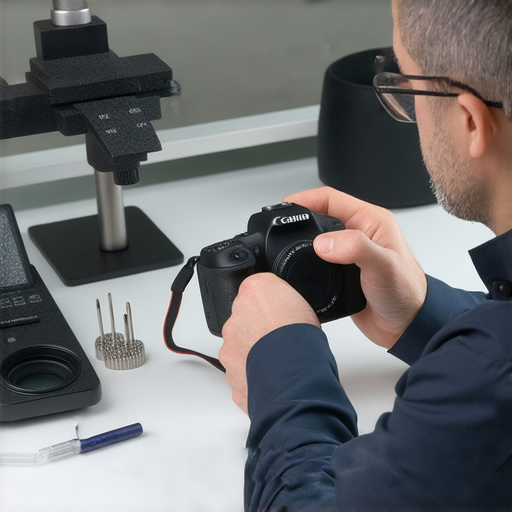 Canon數碼相機重設日期問題的專業維修服務，技師正在檢查相機，背景為維修環境，展示解決相機設置問題的專業設備和工具。