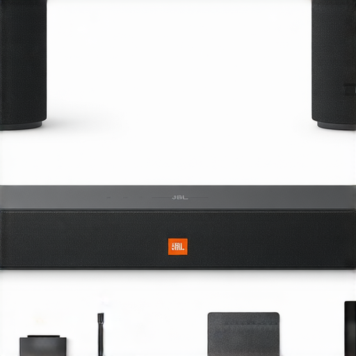 JBL 7.1 Soundbar產品展示，清晰的外觀設計及配件，傳遞出卓越的音效品質，強調效果驚人，吸引消費者了解更多維修服務資訊。