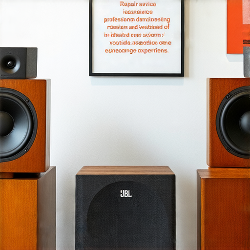 二手JBL喇叭展示，散發魅力，強調音質卓越，並附上專業維修服務標示，吸引音響愛好者探索高品質音樂體驗。