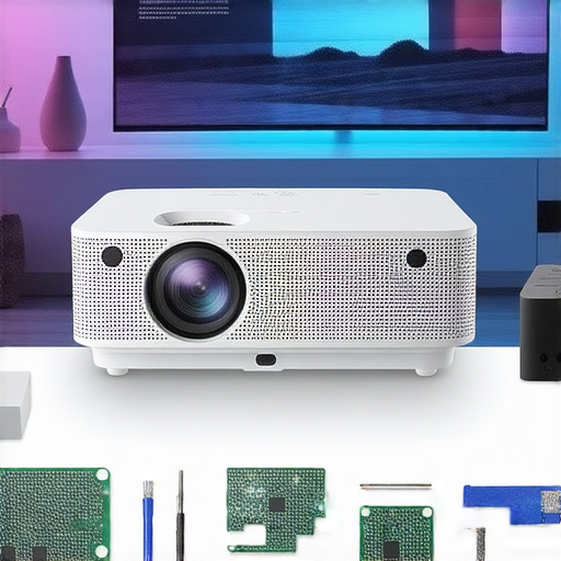 4K無線投影機展示，強調其優越性能，周圍環繞著專業維修工具和人員，突顯售後服務的重要性，吸引對高品質影像和完善維修有需求的消費者。