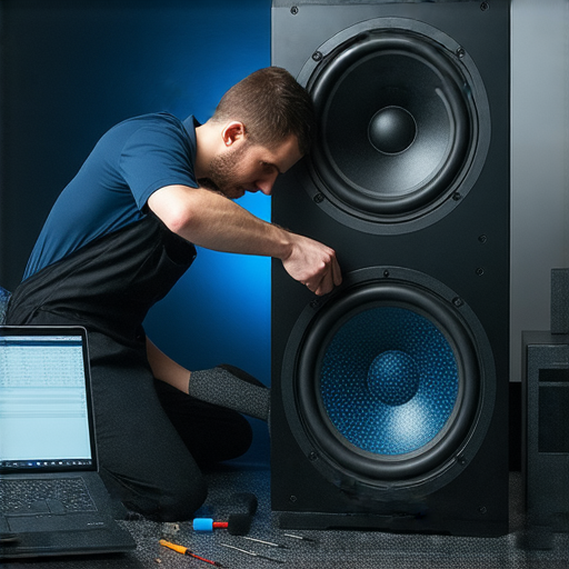 專業技術人員正在維修家用重低音喇叭，重現震撼音效，展現高效服務過程，讓您的音響系統恢復最佳性能，帶來無與倫比的音樂體驗。